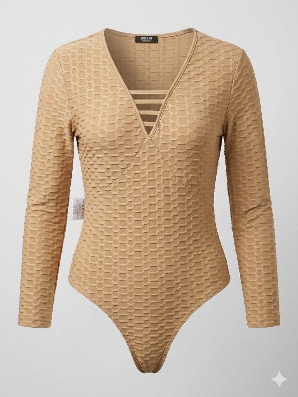 Jolie & Joy Plus Size 3X Tan Textured Deep V-Neck Bodysuit 3591